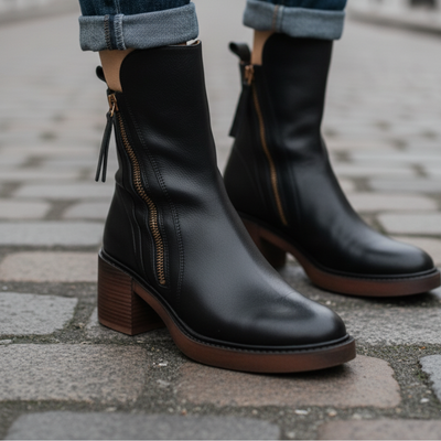 Valorine™ | Black leather boots with a comfortable heel, elegant and timeless