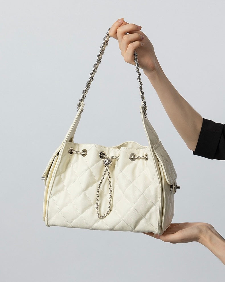 Genuine Leather Caviar Pattern Large Capacity Bucket Shoulder Bag