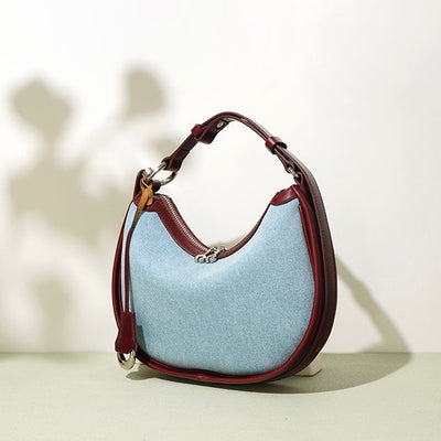 Women’s Genuine Leather & Denim Crescent Shoulder Bag – Spring/Summer Mini Edition
