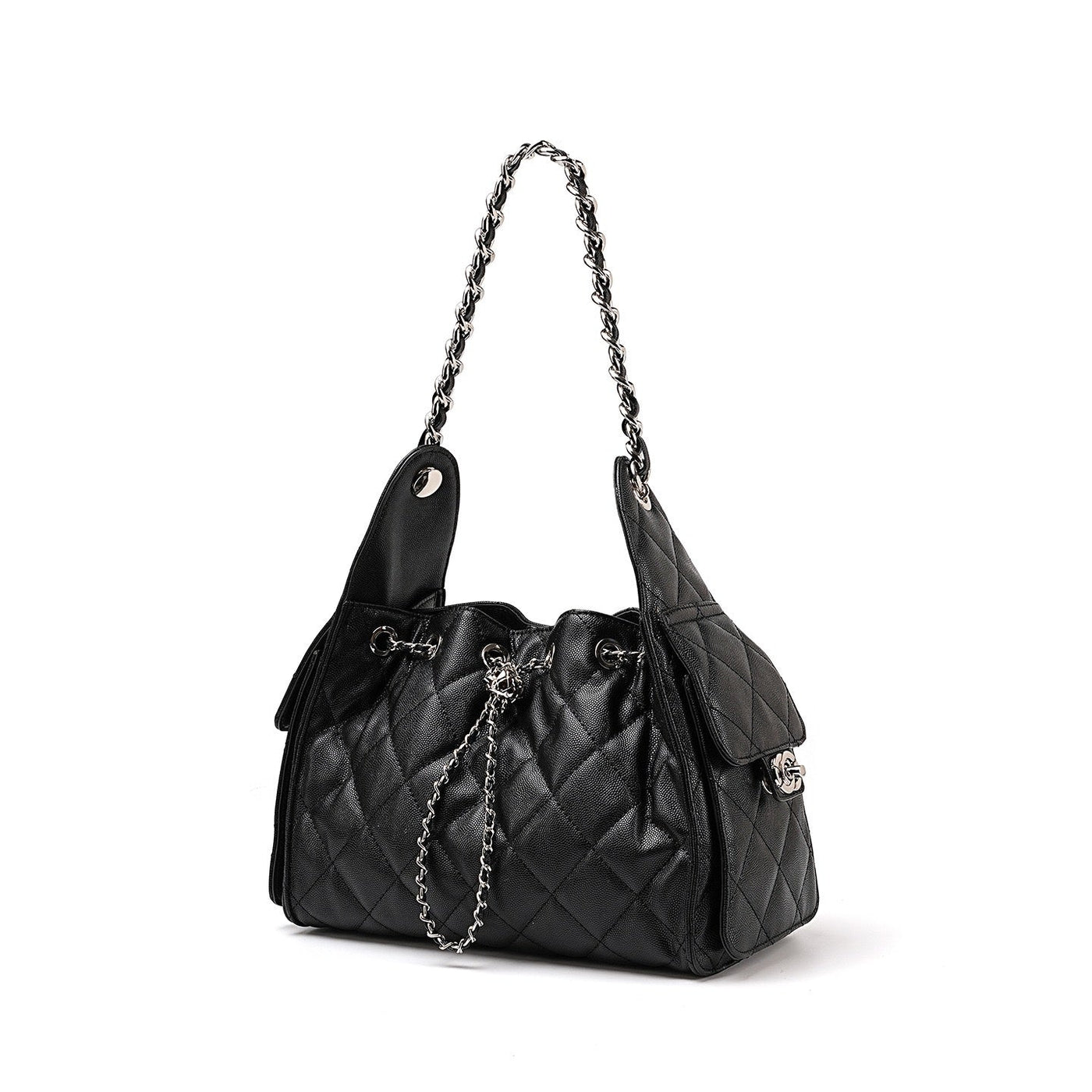 Genuine Leather Caviar Pattern Large Capacity Bucket Shoulder Bag