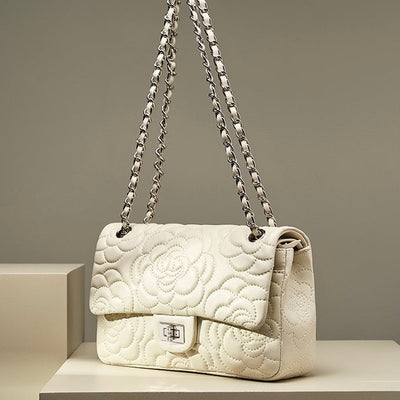 Women’s Genuine Sheepskin Quilted Camellia Chain Crossbody Bag