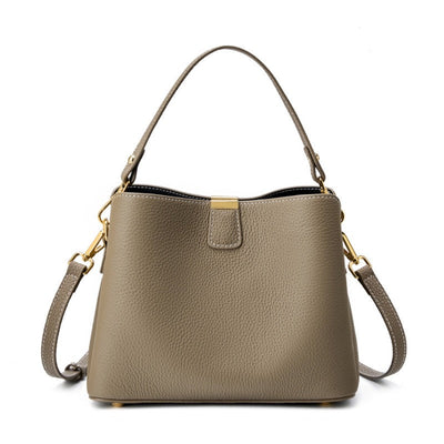 Classic Gold-Trimmed Genuine Leather Bucket Handbag