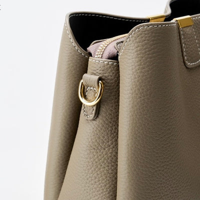Classic Gold-Trimmed Genuine Leather Bucket Handbag