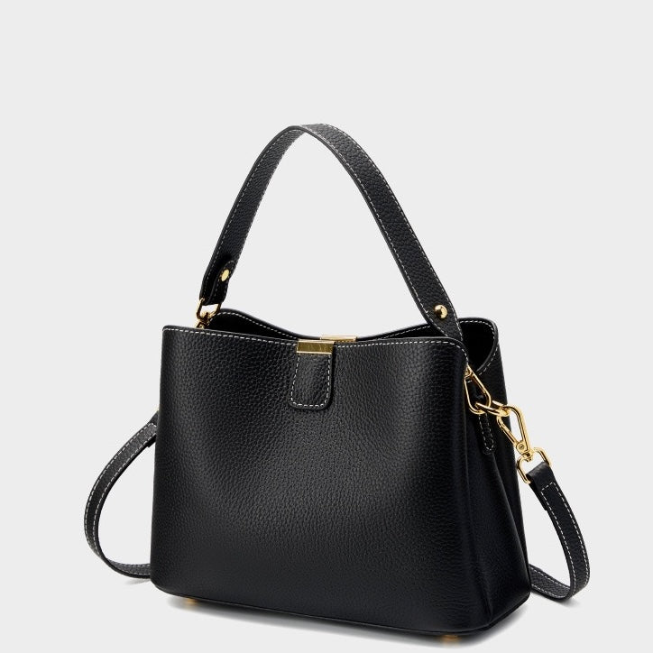 Classic Gold-Trimmed Genuine Leather Bucket Handbag