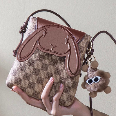 Plaid Cute Collision Rabbit Genuine Leather Mini Crossbody Phone Bag