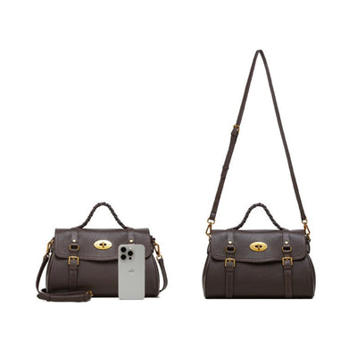 Classic Buckle-Detail Leather Satchel with Braided Handle