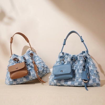 Women’s Genuine Leather & Denim Colorblock Crossbody Shoulder Bag