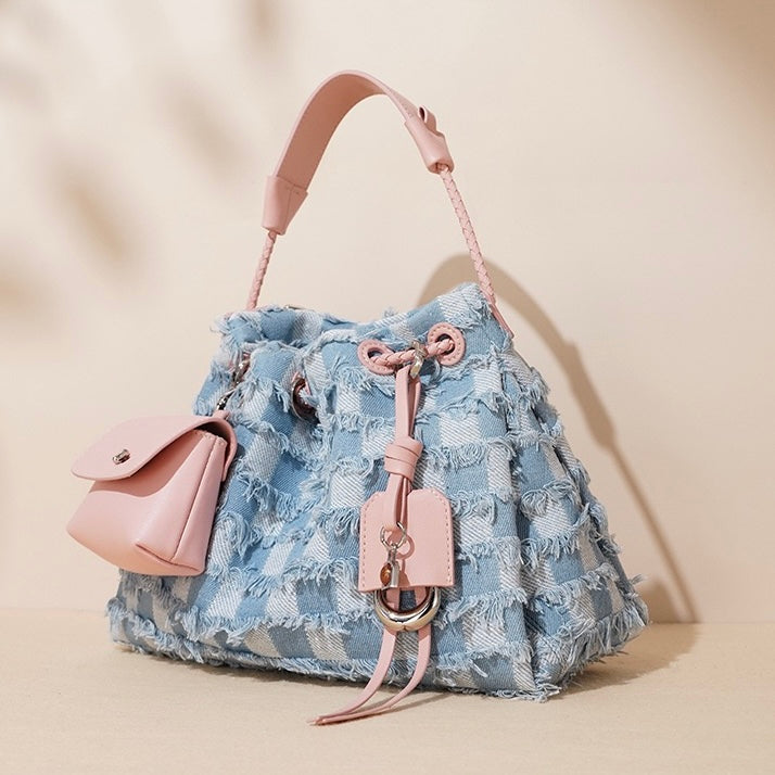 Women’s Genuine Leather & Denim Colorblock Crossbody Shoulder Bag