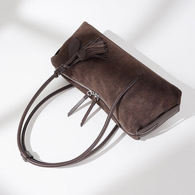 Matte Genuine Leather Tassel Pendant Shoulder Pillow Bag