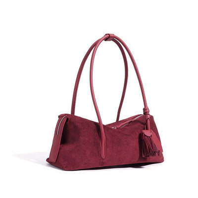 Matte Genuine Leather Tassel Pendant Shoulder Pillow Bag