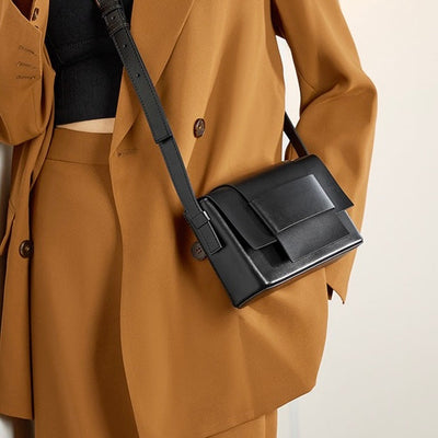 Women’s Genuine Leather Woven Box Crossbody Shoulder Bag in Minimalist Style